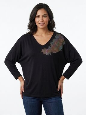 ALLURE Women's Embellished Vneck Top In Black Size XL